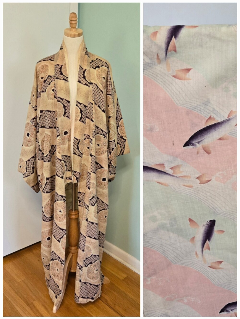 Vintage Kimono with Flying Fish On A Pink Sea And A Geometric Pattern